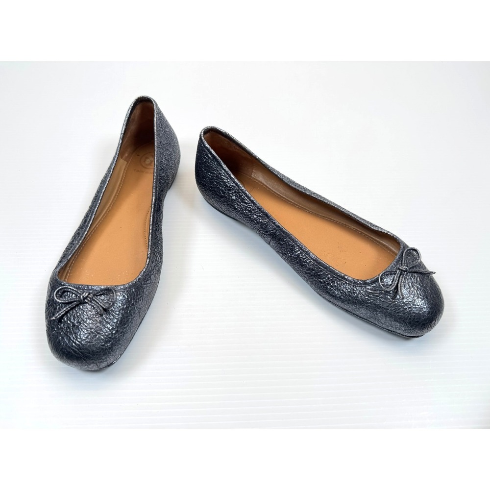 Tory Burch Laila Driver Ballet Flats Women 8-8.5? Metallic Navy‎ Crinkle Leather - Picture 2 of 9